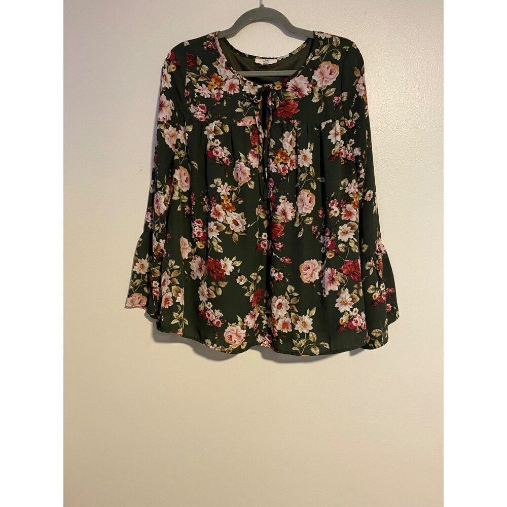 Entro Floral Green Blouse Bell Sleeves Women L Tie Neckline Cottagecore Boho Art